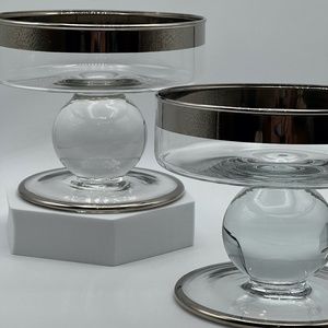 2 Glass Pillar Candleholders with Silver-tone Trim